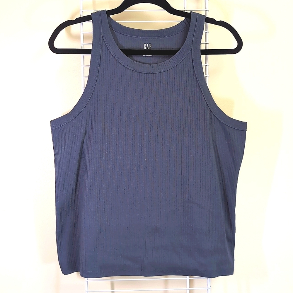 Gap XL Blue Gray High Neck Ribbed Sleeveless Women's Minimalist Tank Top